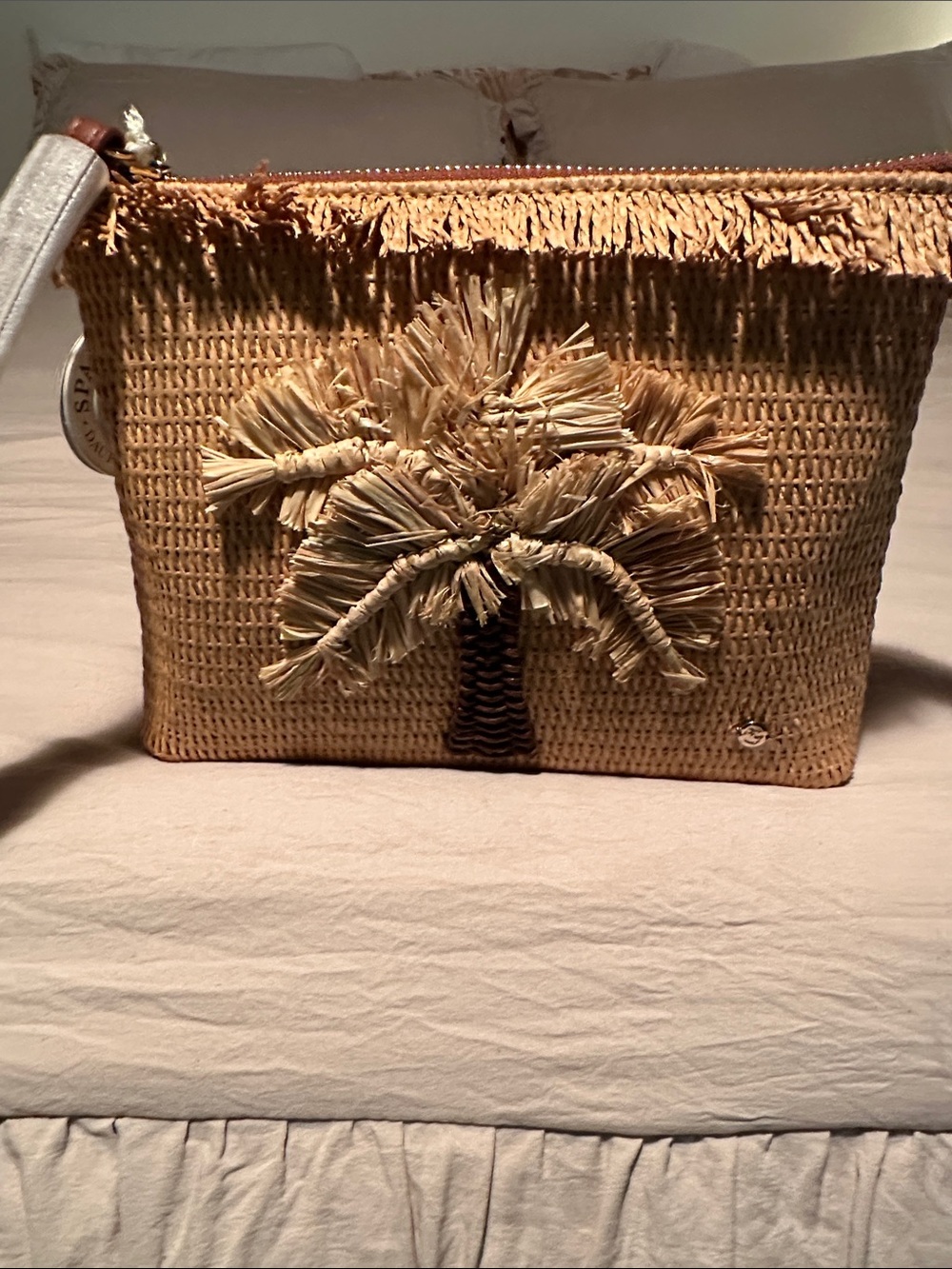 Spartina 449 Tan Natural Straw Wristlet with Palm Tree Appliqué